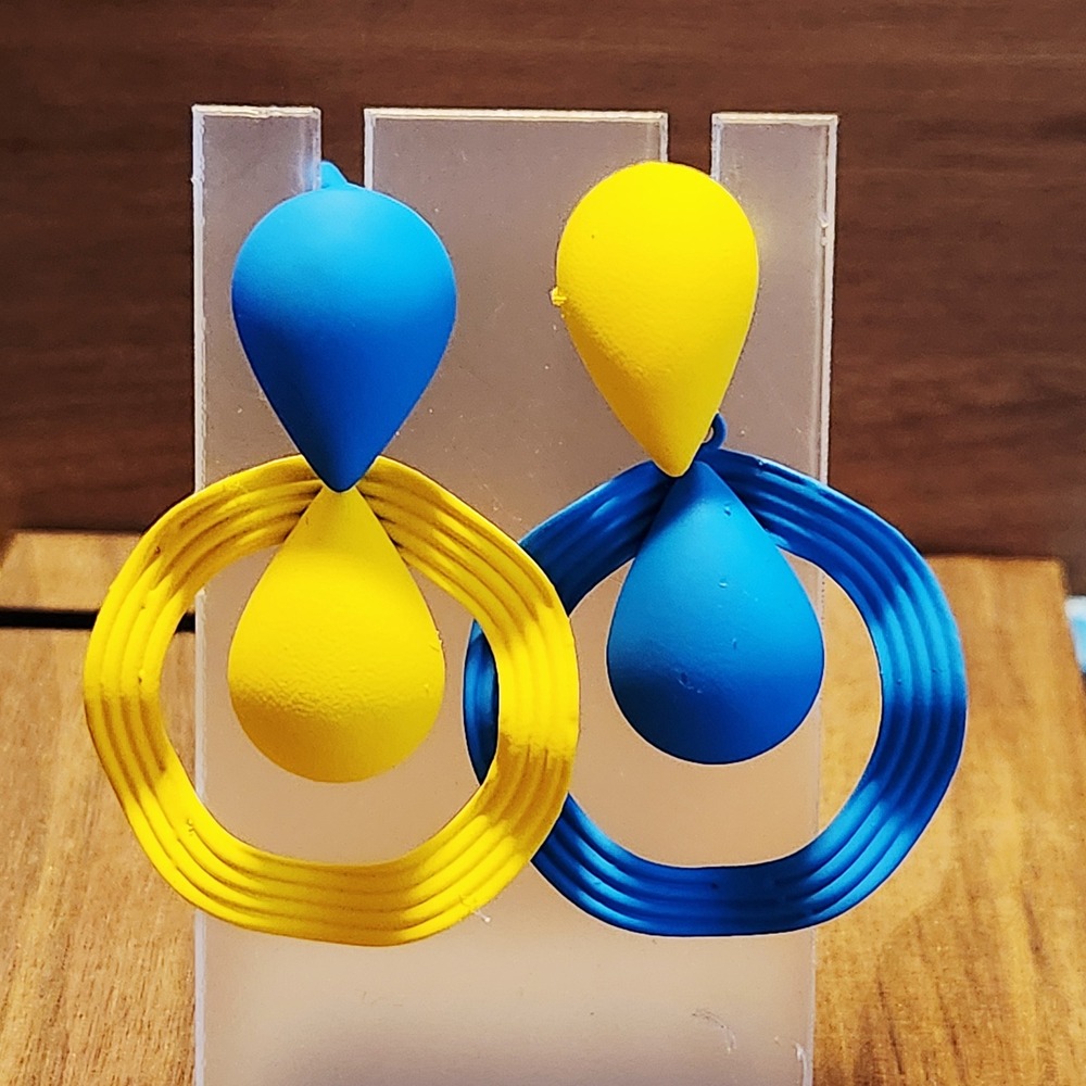 Blue Yellow Geometric Drop Earrings Matte Colorblock‎ Teardrop Hoop Statement